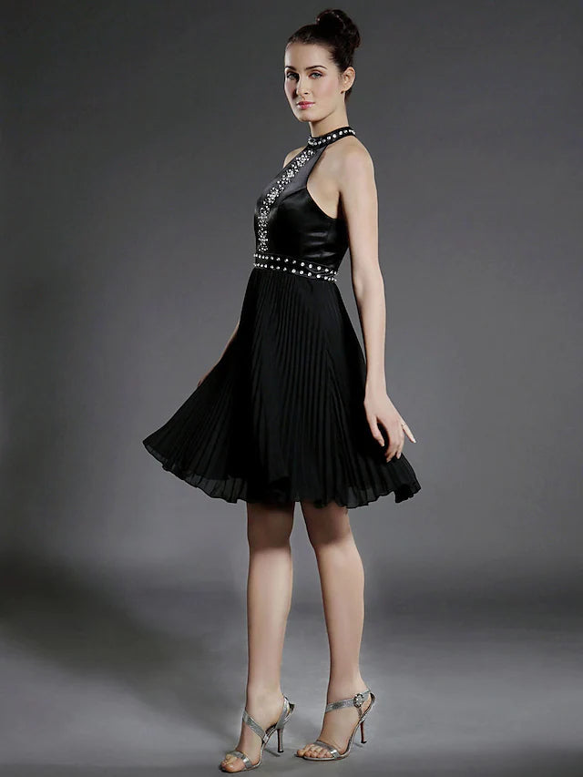 Ball Gown Little Black Dress Dress Holiday Knee Length Sleeveless High Neck Chiffon with Pleats Beading