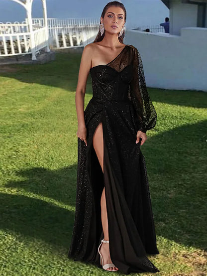 Prom Dresses Sparkle & Shine Dress Party Wear Floor Length Long Sleeve One Shoulder Wednesday Addams Family Tulle with Pleats Sequin Slit