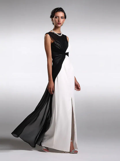 Little Black Dress Dress Wedding Guest Floor Length Sleeveless Jewel Neck Georgette V Back with Ruched