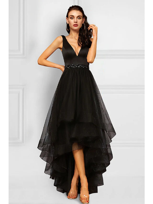 Cocktail Dresses Elegant Dress Party Wear Asymmetrical Sleeveless V Neck Organza with Rhinestone Ruffles