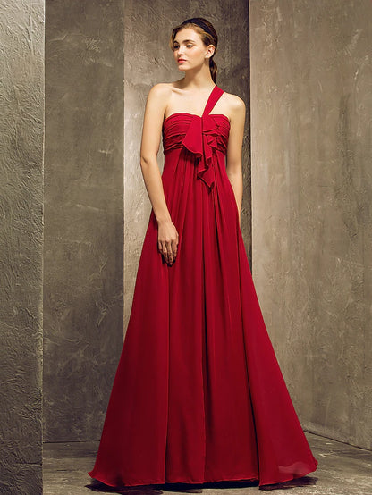 Bridesmaid Dress One Shoulder Sleeveless Elegant Floor Length Chiffon with Ruched  Ruffles  Draping