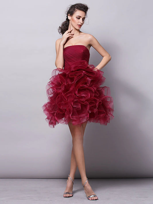 Ball Gown Hot Homecoming Cocktail Party Valentine's Day Dress Strapless Sleeveless Short  Mini Tulle with Ruched Tier