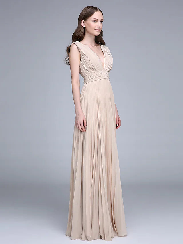 Bridesmaid Dress V Neck Sleeveless Elegant Floor Length Chiffon with Ruched    Draping