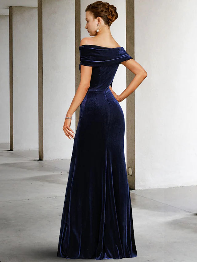Mother of the Bride Dress Elegant Sexy Off Shoulder Floor Length Velvet Sleeveless No with Ruching
