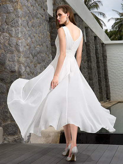 Beach Wedding Dresses Asymmetrical A-Line Regular Straps V Neck Georgette With Ruched Side-Draped
