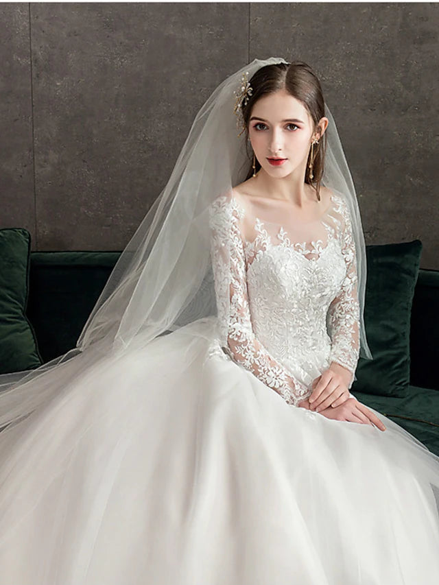 Engagement Open Back Formal Wedding Dresses Chapel Train Princess Long Sleeve Jewel Neck Lace With Pleats Appliques