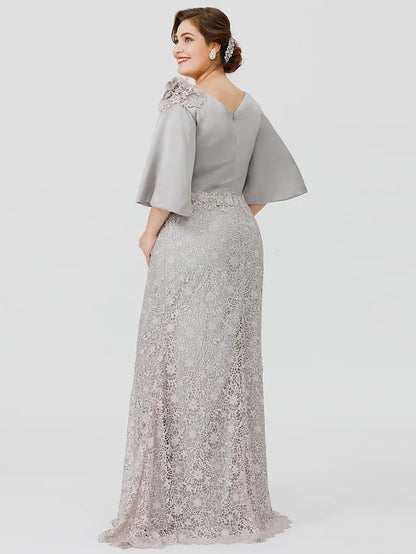 Mother of the Bride Dress Plus Size Sexy Cowl Neck Sweep  Brush Train Satin Chiffon Lace Over Satin Half Sleeve No with Applique