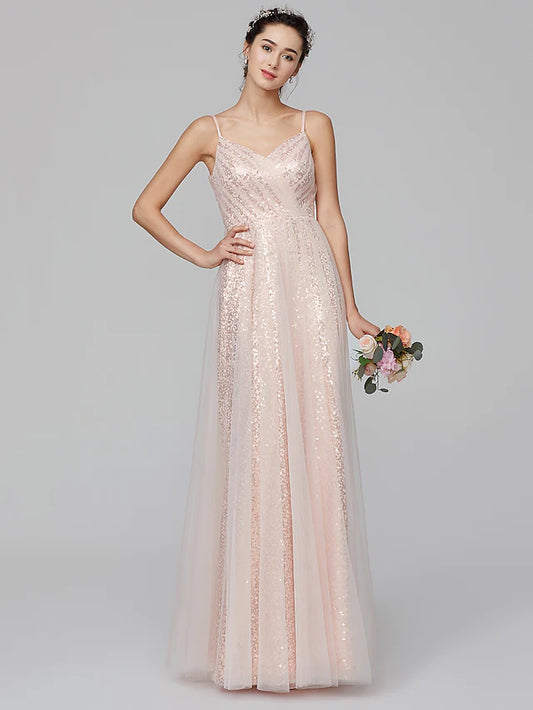 A-Line Bridesmaid Dress Spaghetti Strap Sleeveless Floor Length Tulle  Sequined with Pleats  Sequin
