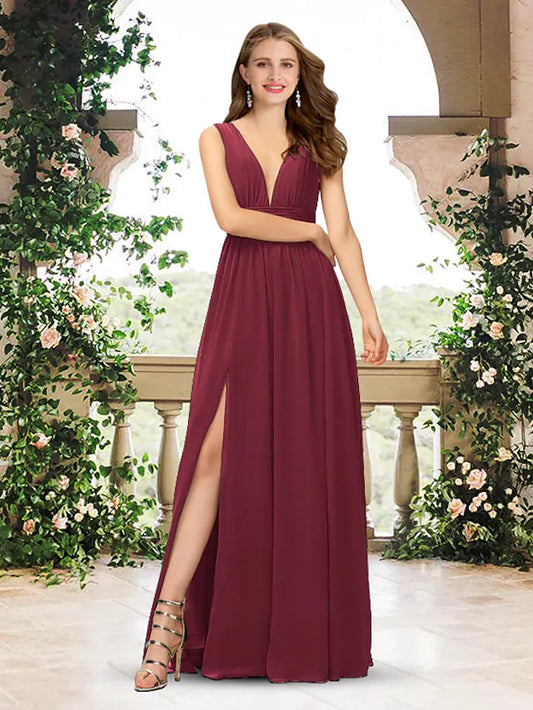 A-Line Bridesmaid Dress V Neck Sleeveless Elegant Floor Length Chiffon with Pleats  Split Front