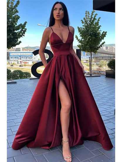 A-Line Black Prom Dress High Split Evening Dress Formal Birthday Summer Dress Spaghetti Strap Sleeveless Satin with Pleats Split Front