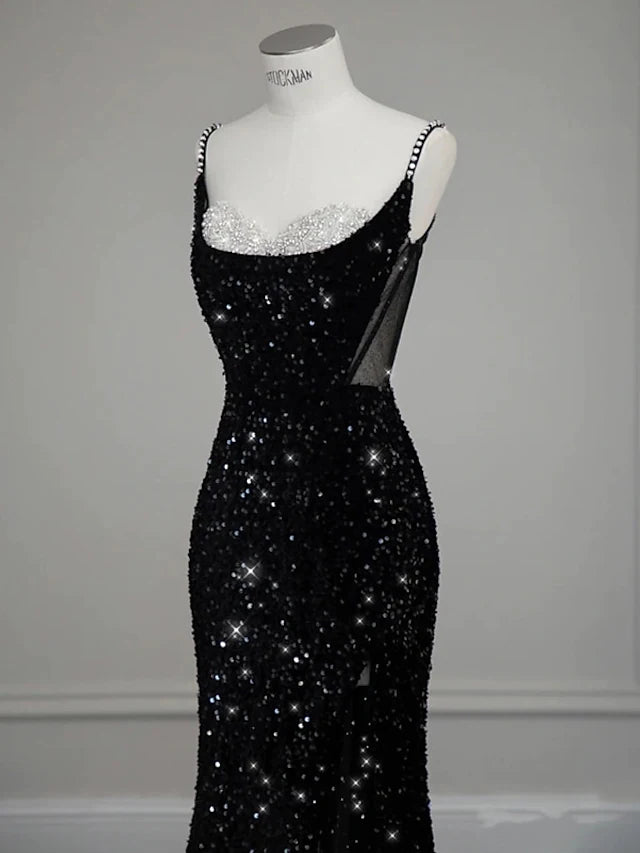 Evening Gown Sexy Dress Formal Floor Length Sleeveless Spaghetti Strap Sequined with Bow(s) Crystals Sequin