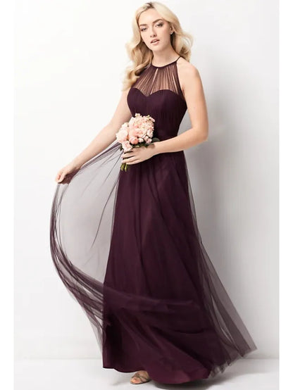 A-Line Bridesmaid Dress Halter Neck Sleeveless Elegant Floor Length Chiffon  Tulle with