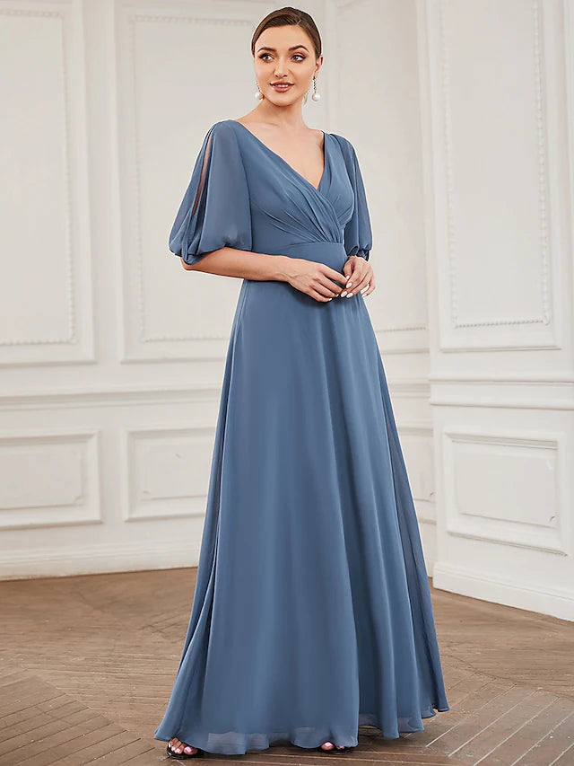 Evening Gown Minimalist Dress Wedding Guest Floor Length Half Sleeve V Neck Chiffon with Pleats
