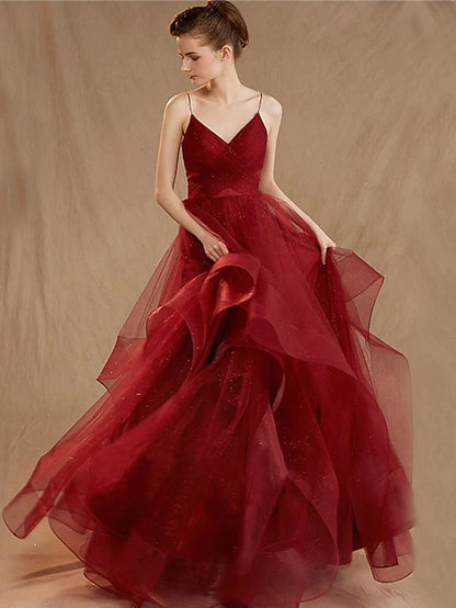 Evening Gown Elegant Dress Party Wear Floor Length Sleeveless V Neck Tulle V Back with Sequin Ruffles