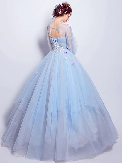 Elegant Floral Puffy Quinceanera Engagement Dress Illusion Neck 3/4 Length Sleeve Floor Length Tulle with Pleats Appliques