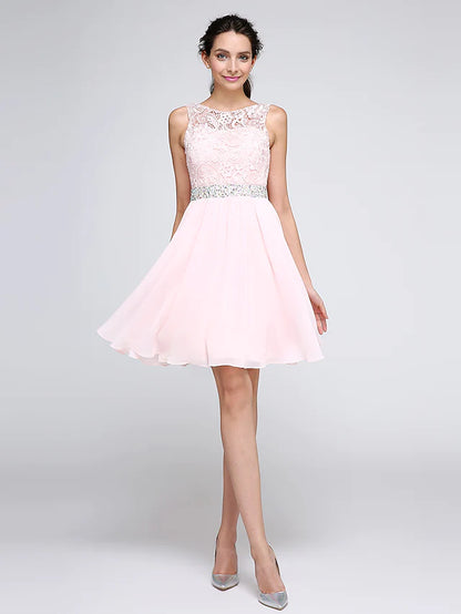Special Occasion Dresses Party Dress Homecoming Short  Mini Sleeveless Illusion Neck Chiffon V Back Low Back with Crystals