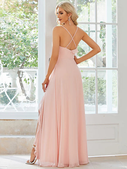 Wedding Guest Dresses Casual Dress Party Wear Floor Length Sleeveless Spaghetti Strap Chiffon with Ruffles Slit