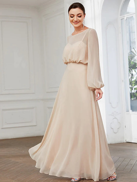 Prom Dresses Empire Dress Wedding Guest Floor Length Long Sleeve Jewel Neck Chiffon with Buttons