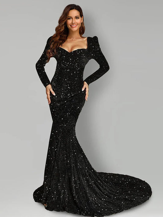 Evening Gown Black Dress Formal Court Train Long Sleeve Square Neck Sequined with Sequin