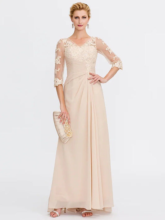Mother of the Bride Dress Plus Size Elegant See Through V Neck Floor Length Chiffon Half Sleeve with Appliques Side Draping