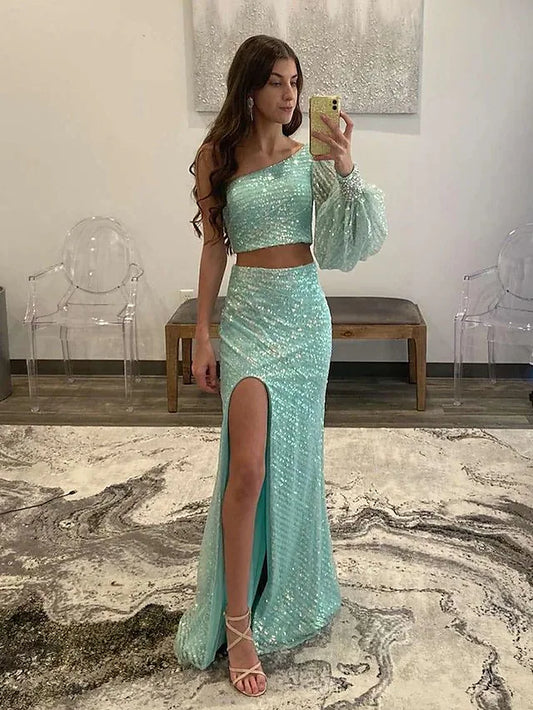 Prom Dresses Empire Dress Party Wear  Sleeveless One Shoulder Sequined with Sequin Slit