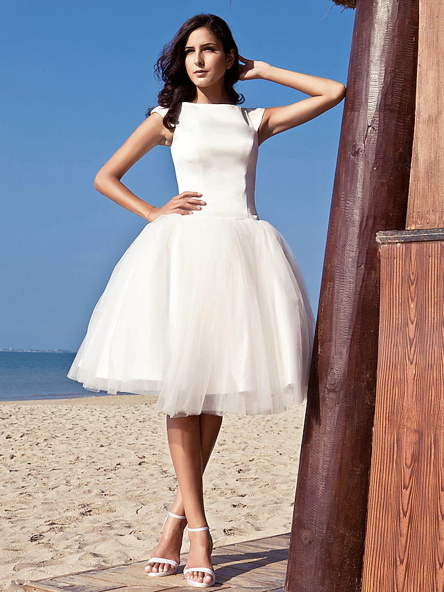 Beach Little White Dresses Wedding Dresses Knee Length A-Line Cap Sleeve Bateau Neck Satin With Draping