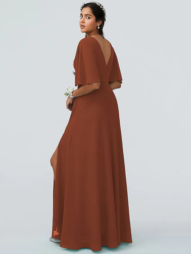 A-Line Bridesmaid Dress V Neck Short Sleeve Elegant Floor Length Chiffon with Split Front