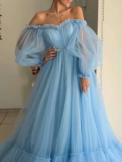 Minimalist Elegant Engagement Prom Dress Off Shoulder Long Sleeve Floor Length Tulle with Pleats Appliques