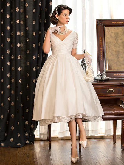 Bridal Vintage Little White Dresses Wedding Dresses Tea Length A-Line Short Sleeve V Neck Lace With Lace Criss Cross
