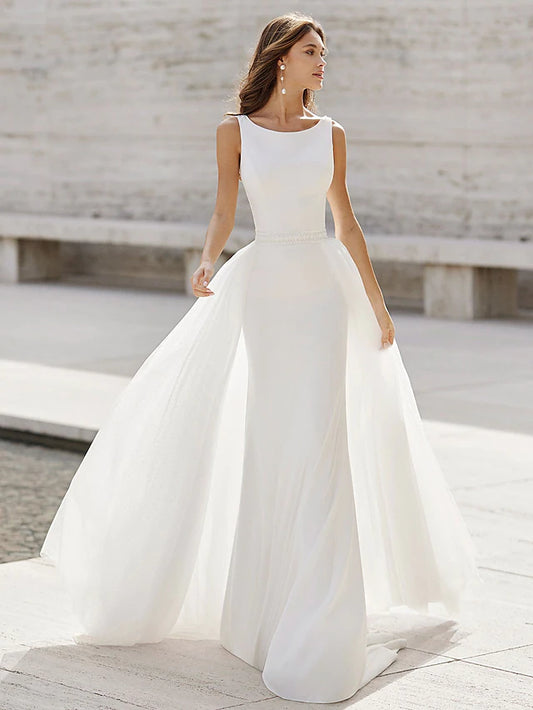 Open Back Wedding Dresses Court  Trumpet Sleeveless V Neck Satin Bridal Suits With Appliques