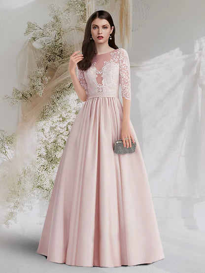 Princess Cute Engagement Prom Dress Jewel Neck Half Sleeve Floor Length Satin with Pleats Lace Insert