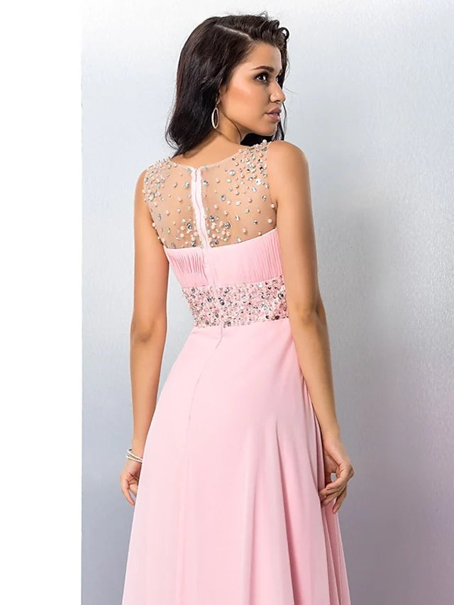 Prom Dresses Sparkle & Shine Dress Party Wear Sleeveless Jewel Neck Chiffon with Rhinestone Slit