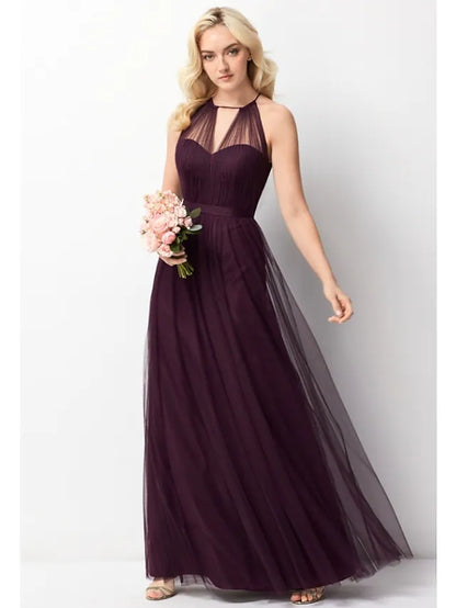 A-Line Bridesmaid Dress Halter Neck Sleeveless Elegant Floor Length Chiffon  Tulle with