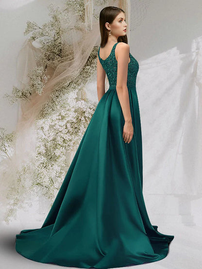 Prom Dresses Maxi Dress Engagement Court  Sleeveless Scoop Neck Charmeuse with Slit Overskirt Lace Insert