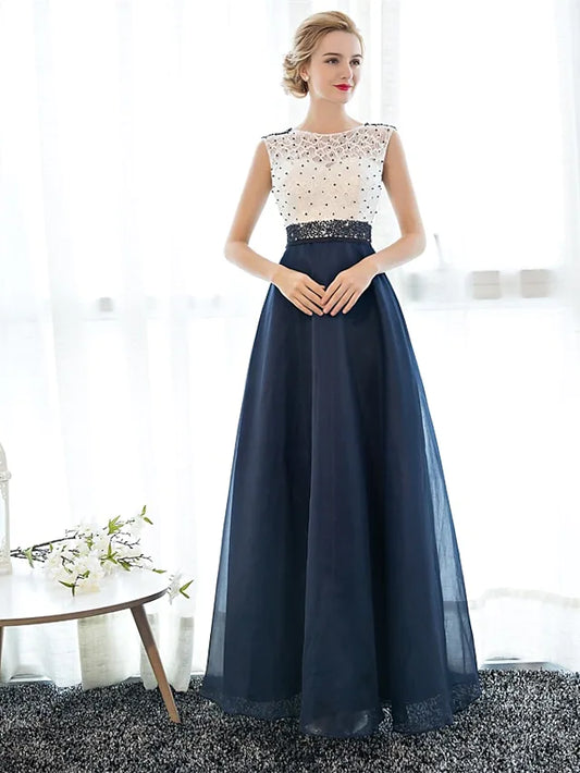 Beautiful Back Elegant Beaded & Sequin Prom Formal Evening Dress Illusion Neck Sleeveless Floor Length Tulle Over Lace with Beading