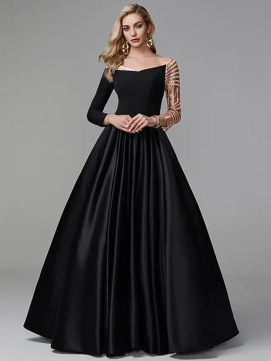 Sparkle Quinceanera Formal Evening Dress Off Shoulder Long Sleeve Floor Length Satin with Sequin