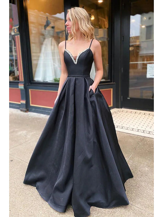 Prom Dresses Open Back Dress Formal Floor Length Sleeveless V Neck Pocket Stretch Satin Backless with Pleats Beading Pocket