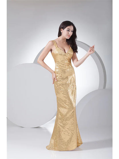 Mermaid  Trumpet Prom Dresses Elegant Dress Formal Evening Floor Length Sleeveless V Neck Sequined with Sequin