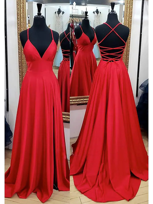 Prom Dresses Empire Dress Formal Court Train Sleeveless V Neck Charmeuse Backless with Pleats Slit