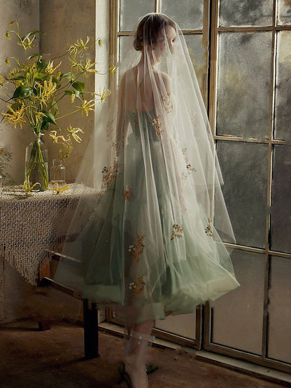 Minimalist Elegant Wedding Guest Prom Birthday Dress Spaghetti Strap Sleeveless Tea Length Tulle with Sash Ribbon Pleats