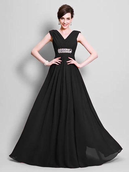 Mother of the Bride Dress Open Back V Neck Floor Length Chiffon Sleeveless with Beading Side Draping