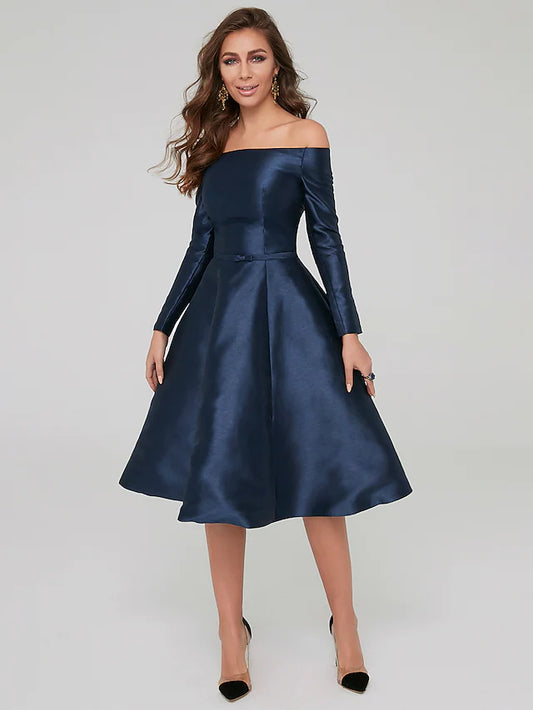 Special Occasion Dresses Party Dress Wedding Guest Knee Length Long Sleeve Off Shoulder Satin with Pleats