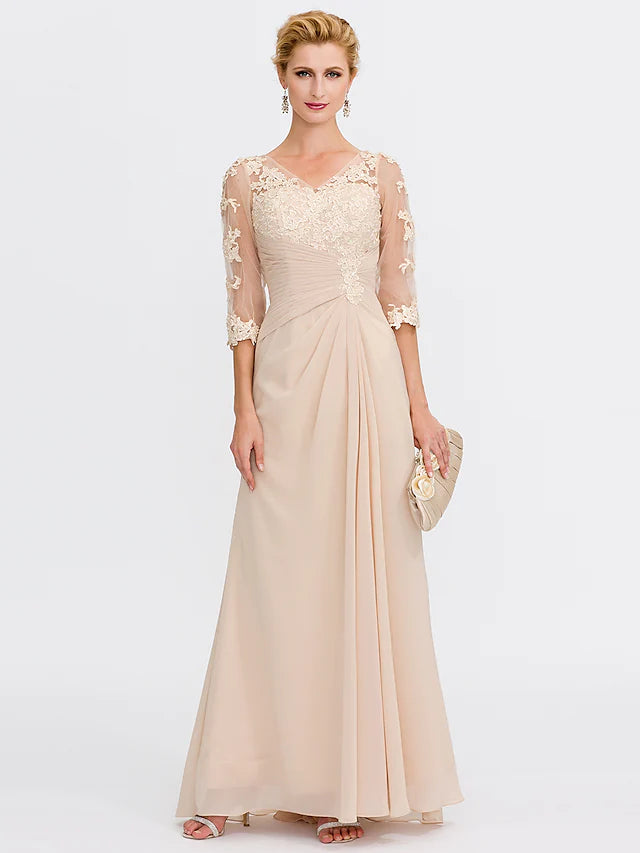 Mother of the Bride Dress Plus Size Elegant See Through V Neck Floor Length Chiffon Half Sleeve with Appliques Side Draping