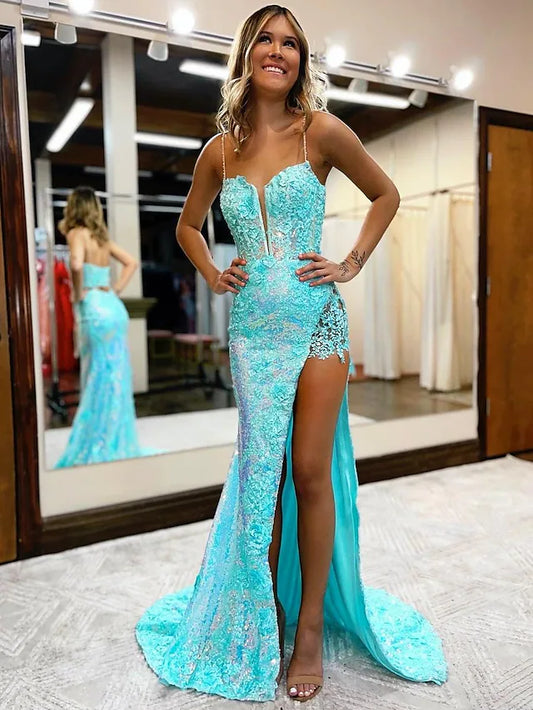 Prom Dresses High Split Dress Formal Court Train Sleeveless V Neck Sequined with Slit Appliques