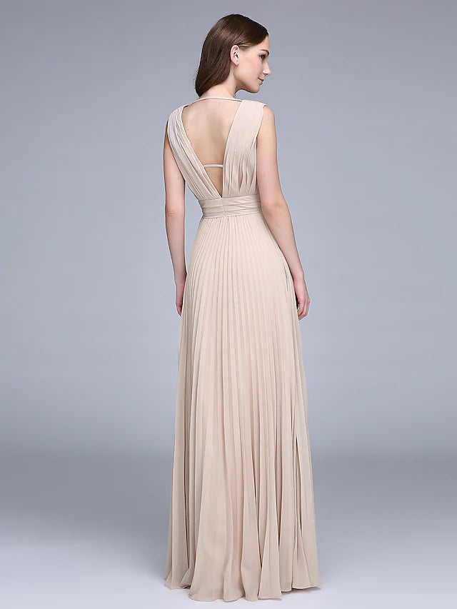 Bridesmaid Dress V Neck Sleeveless Elegant Floor Length Chiffon with Ruched    Draping