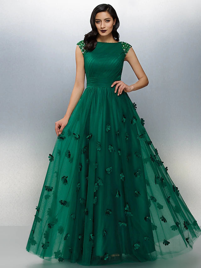 A-Line Floral Dress Wedding Guest Floor Length Short Sleeve Boat Neck Tulle with Crystals Appliques