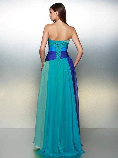 Dress Wedding Guest Floor Length Sleeveless Sweetheart Chiffon Backless with Ruched Crystals