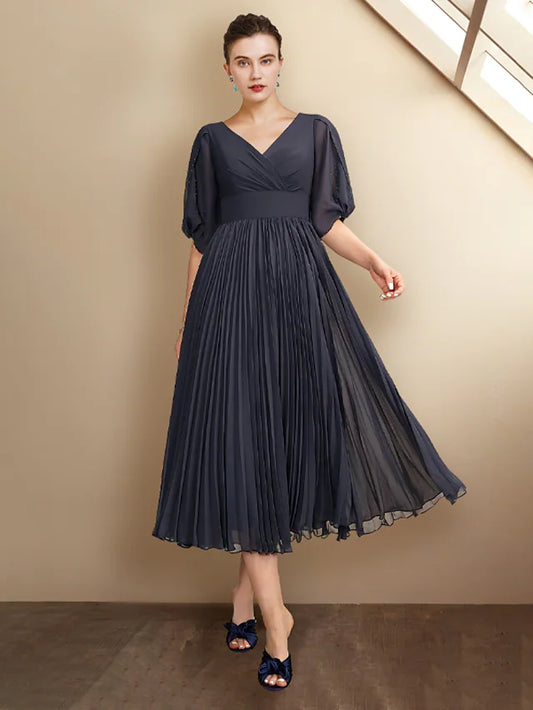 Mother of the Bride Dress Plus Size Elegant V Neck Tea Length Chiffon Half Sleeve with Pleats