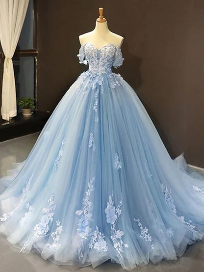 Prom Dresses Floral Dress Quinceanera Court Train Short Sleeve Sweetheart Lace with Pleats Appliques