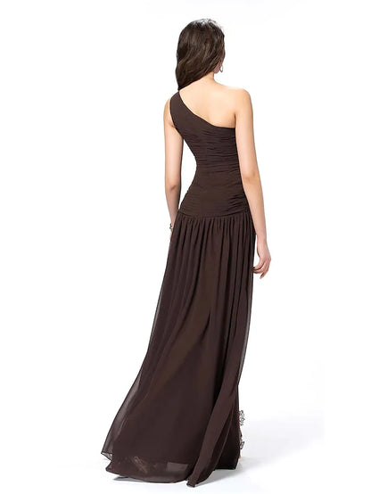 Elegant Sexy Party Wear Formal Evening Dress One Shoulder Backless Sleeveless Floor Length Chiffon with Slit Lace Insert
